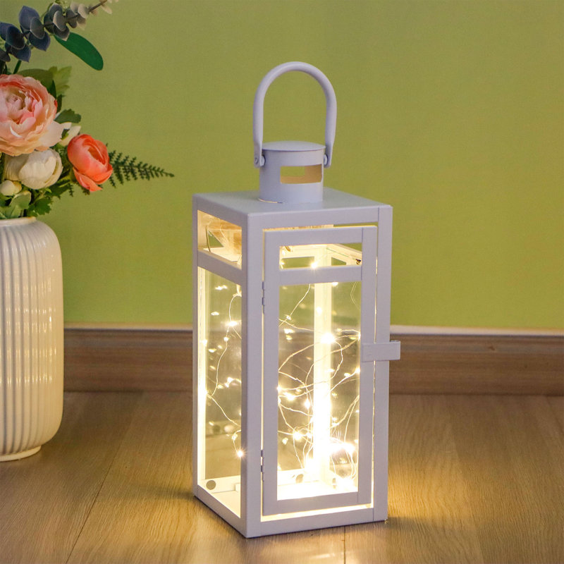 Lanterne décorative en métal avec verre trempé de 12 po de haut, Blanc