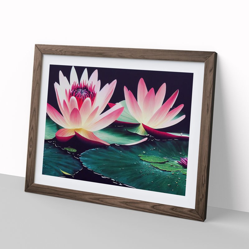 Grand Water Lily Flowers - Print, 25cm H x 34cm W, Walnut