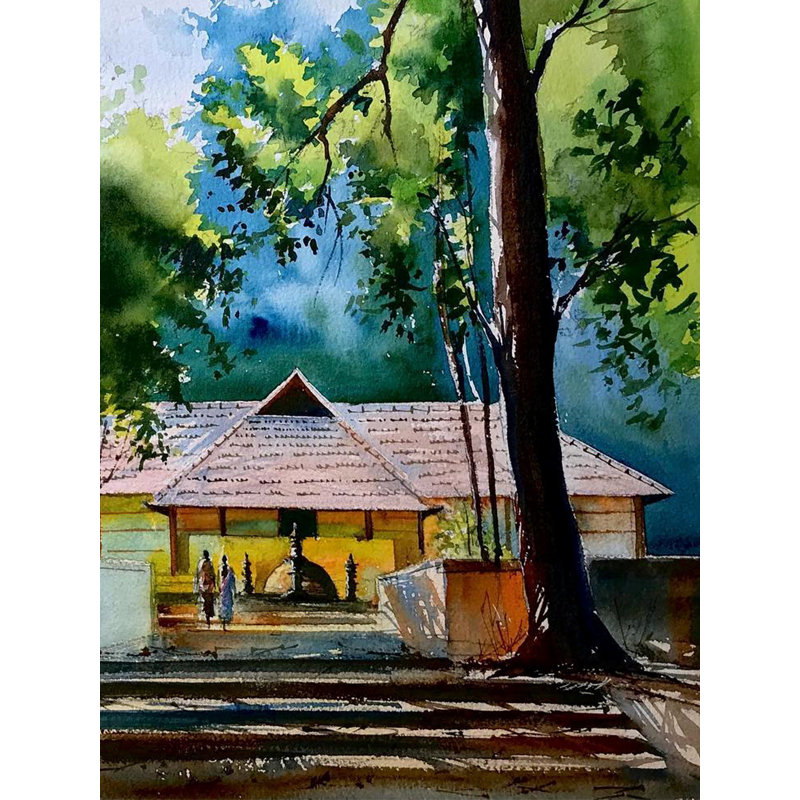 Temple dans le village indien du sud | Aquarelle sur papier | Par Abhijeet Bahadure