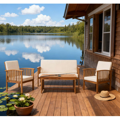 Ensemble de conversation en bois d'acacia 4 pièces pour l'extérieur, mobilier de patio durable et élégant pour la détente et le divertissement.