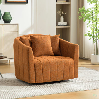 39"W Upholstered Oversized 360° Swivel Accent Barrel Chair and Half Cozy Sofa with 3 Pillows, Chenille Channel Tufted Pumpkin-Shape Club Armchair for Living Room, Bedroom, Office, Lounge