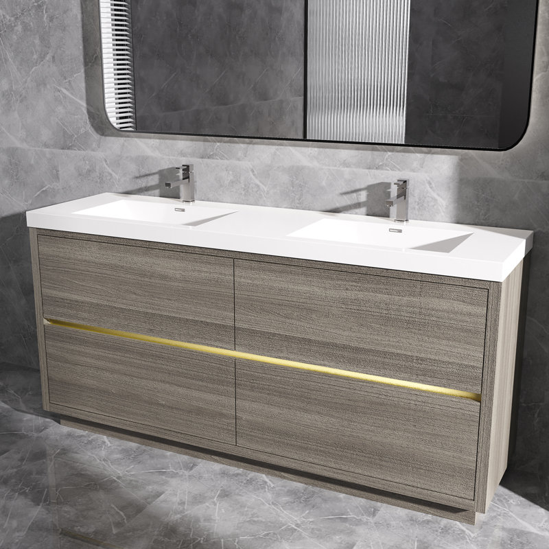 Meuble-lavabo autoportant avec comptoir à double surface en blanc pour salle de bain, Gris, 72"