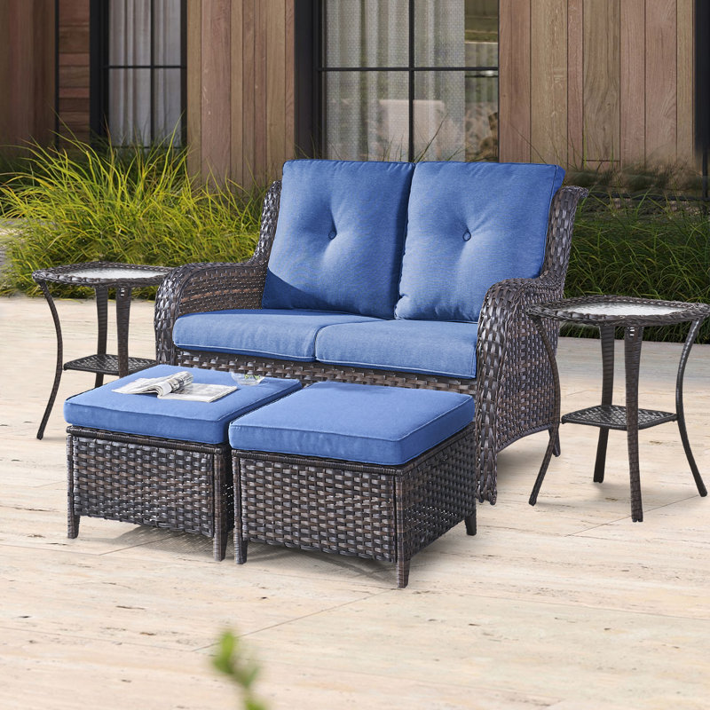 Bonia Wicker 2 - Person Patio Conversation Set with Cushions, Blue