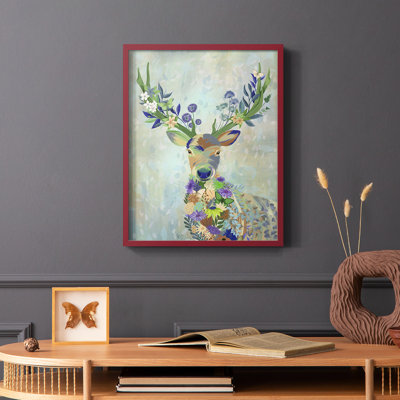 Fantastic Florals Deer, Portrait, reproduction encadrée - bois massif