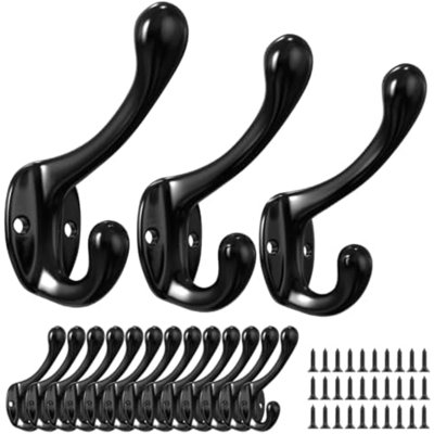 16 Pcs Black Coat Hooks, Wall Hooks for Closet Hanging, 30 Screws | Bathroom bedroom kitchen use, holds towels scarves hats keys cups, metal surface mount hook hangers