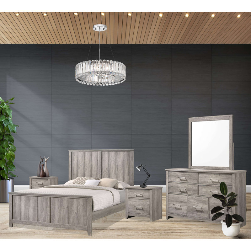 Ensemble de chambre pour grand lit 5 pièces en gris vieilli avec lit, commode, miroir et 2 tables de chevet, Grand