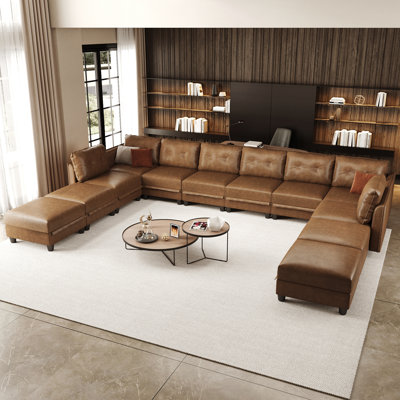 Modular Sectional Sofa With Storage, Modern Brown Faux Leather, Reversible Chaise, U Shaped Couch For Living Room, Waterproof & Easy Clean, 8 Seats With 4 Ottoman