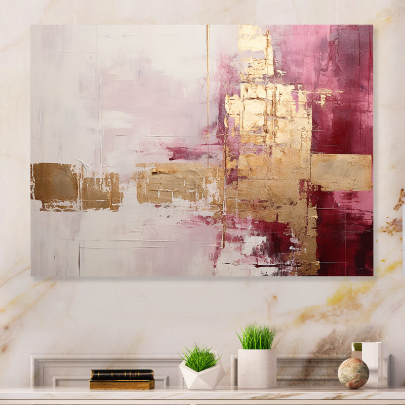 Minimalisme rose et horizon doré - décoration murale abstraite en métal, H 16 po x l 32 po x P 1 po