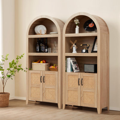 Arched Storage Cabinet With Beech-Rattan Door, Tall Arched Pantry Bookshelf With Adjustable Shelves, Modern Farmhouse Wooden Bookcase Kitchen Pantry C by Bay Isle Home