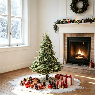 4FT Artificial Christmas Tree with Metal Stand, Green Artificial Pencil Tree with 150 UL Lights & PE/PVC 673 Tips, Full Holiday Tree for Festive Display