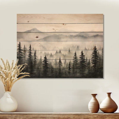Gris, matin brumeux, forêt, horizon I - forêt, art mural sur bois de pin naturel