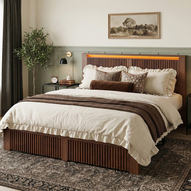 Fluted Panel Platform Bed with LED Headboard, Storage Drawers & USB Charging,No Box Spring Needed,King/Dark Brown, King