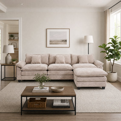 108" Chenille Sectional Sofa with Reversible Ottoman, Deep Seat Cloud Couch with 4 Pillows for Living Room