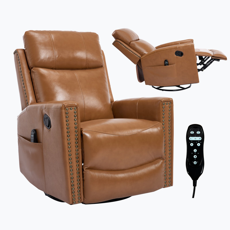 Gnuine Leather Heat Massage Manual Recliner Chair With Rocker And Swivel For Living Room, Orange