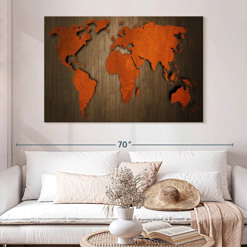 Ancienne carte du monde en bois Aliaz, H 34 po x l 51 po