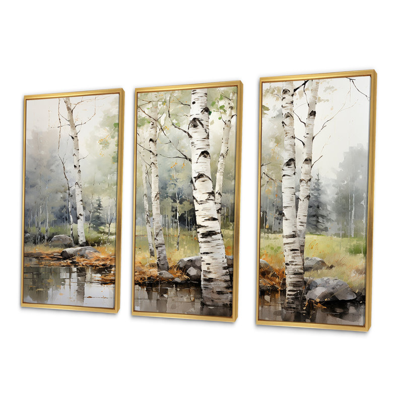 «Green Birch Wood Beauty I - Tree Birch», ensemble d'art sur toile, H 28 po x l 36 po x P 1 po, Cadre flottant doré