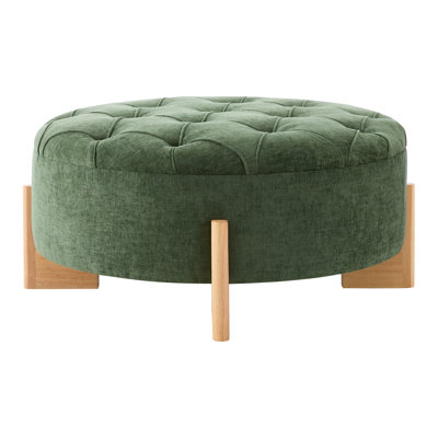 32" Round Tufted Ottoman with Solid Wood Legs, Modern Coffee Table with Tufted Buttons, Piping Lines, Chenille Fabric Footrest for Living Room
