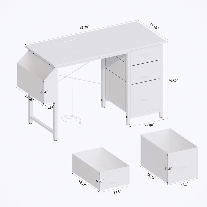 47.3" Multi-functional Desk (white) - Hidden Power Outlet (2 Outlets, Usb, Type-c), 3 Fabric Drawers, Side Pocket, Reversible, X-frame, Easy Assembly For Home/office/game/vanity​