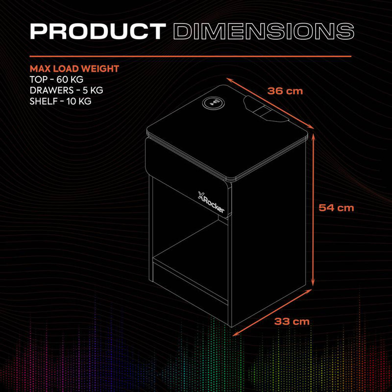 X Rocker Carbon-Tek LED Bedside Side Table with Wireless Charging and Drawer - White RGB, White