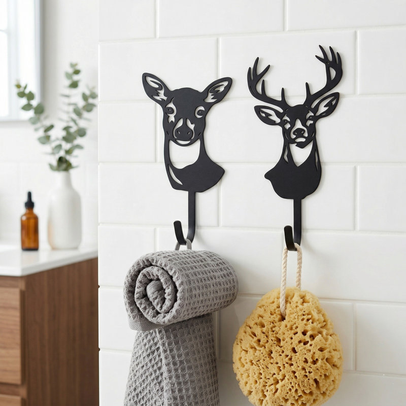Metal Wall Hook Set Deer Design Matte Black Rustic Woodland Decor