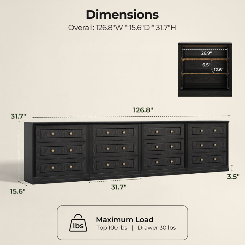 Buffet modulaire moderne Monos avec meuble bas à 12 tiroirs, noir, Noir