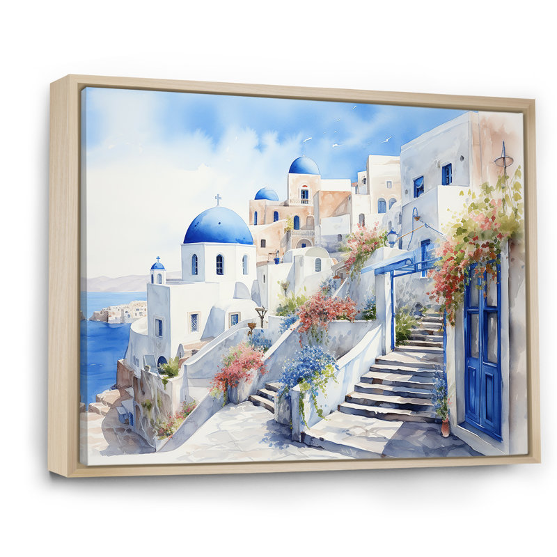 «Blue and White Santorini Village I», art mural Grèce, H 34 po x l 44 po x P 1,5 po, Cadre flottant brun