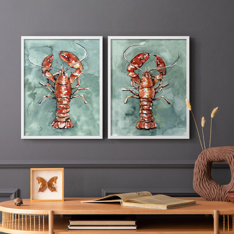 Aquarelle de homard I - impression encadrée de qualité supérieure - prête à être accrochée - aucun clou requis - aucun clou requis