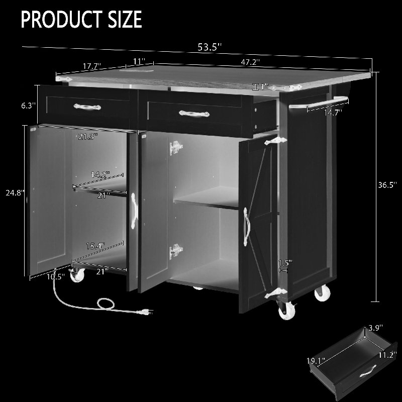 Îlot de cuisine de 53,5 po avec prise de courant - abattant, support à épices, roues verrouillables et capacité de 400 lb, chariot de rangement rustique pour la cuisine et la salle à manger