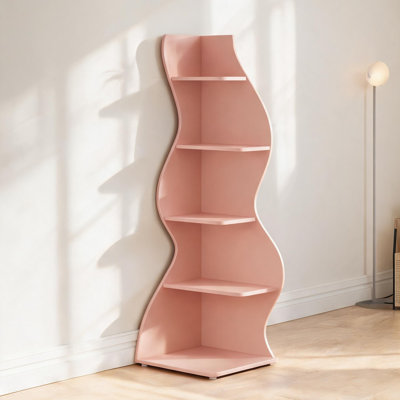 Vintage Styled 5-Tier Corner Display Shelf, Space-Saving Storage Bookcase, Warm Pink MDF Construction