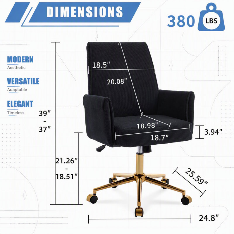 Chaise de bureau ergonomique à dossier mi-haut, revêtue de tissu rayé, avec hauteur réglable et rotation à 360° pour un confort et un soutien optimaux.