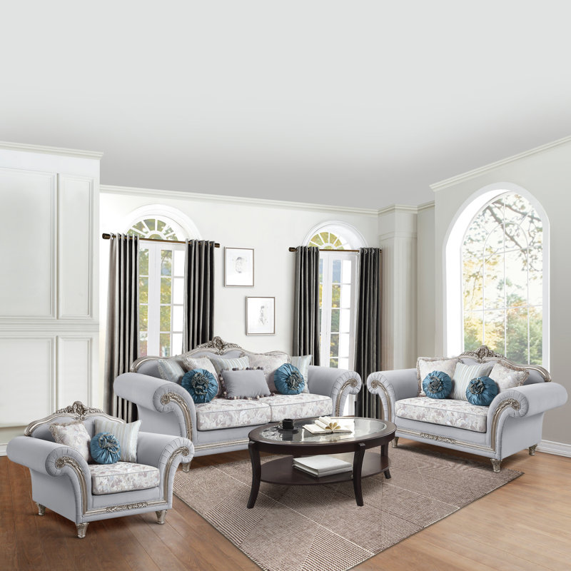 Pelumi Light Gray Linen Camelback Loveseat with Floral Cushions