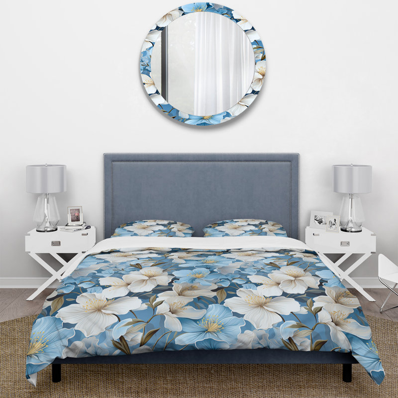 Ensemble de housse de couette à motif floral blanc et bleu Bliss, Housse de couette pour très grand lit et 2 très