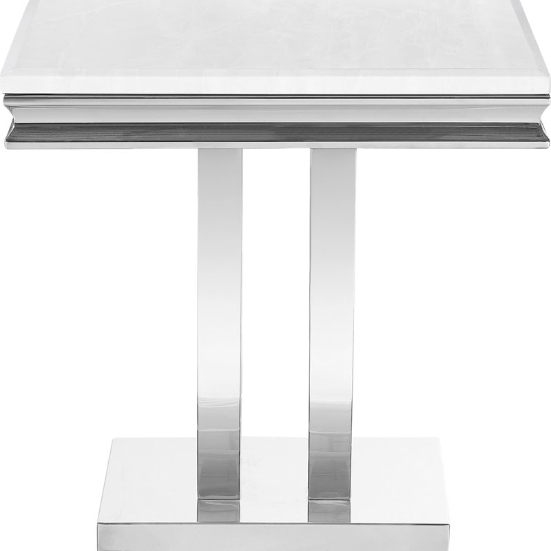 Table de bout carrée blanche avec base en forme de U, faux marbre biseauté et bords de table à piédestal moderne