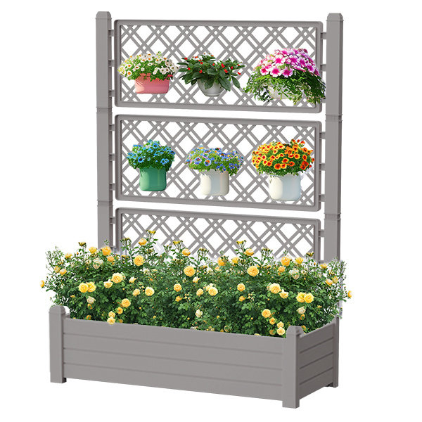 59" Tall Raised Garden Bed,Outdoor Large Resin Planter Box With Trellis And Drain Plug For Climbing Plants, Gray