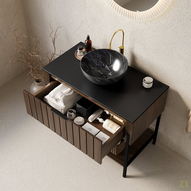 Meuble-lavabo autoportant à rayures avec lavabo et tiroir en céramique ZENO 36 "avec lavabo, pré-assemblé