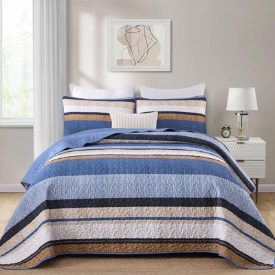 Ensemble de courtepointe à rayures 3 pièces Boho, couvre-lit léger avec 2 taies d'oreiller