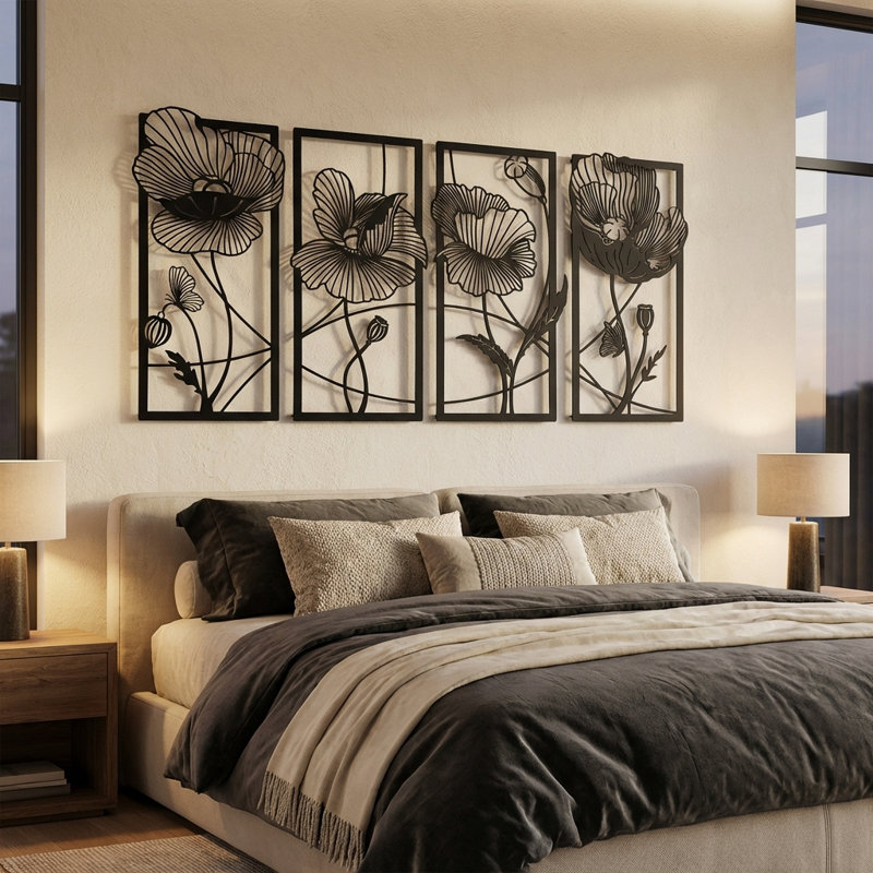 Blossom Metal Wall Art Set - 4 Piece, 18" H x 37" W x 1" D, Black
