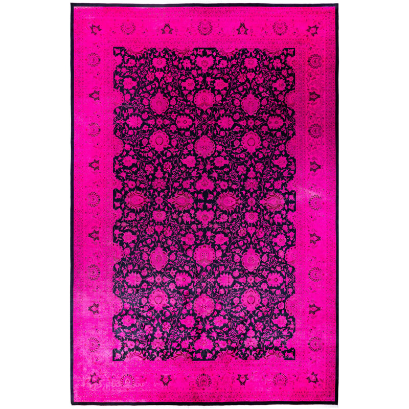 Tapis unique noué à la main Rachal - rose, 12 pi 0 po x 18 pi 2 po