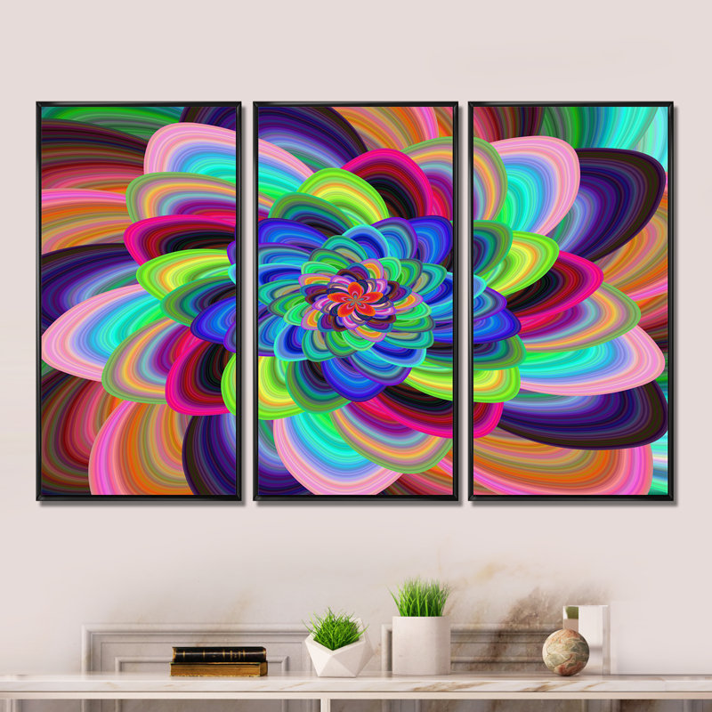 Abstrait coloré fleur spirale - ensemble d'art mural moderne sur toile encadrée moderne de 3, H 28 po x l 36 po x P 1 po