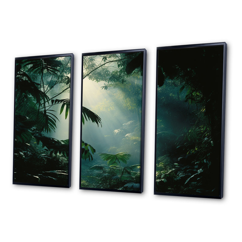 Jungle S Verdant Embrace - Ensemble de décoration murale Jungle, Cadre flottant noir, H 40 po x l 60 po x P 1 po