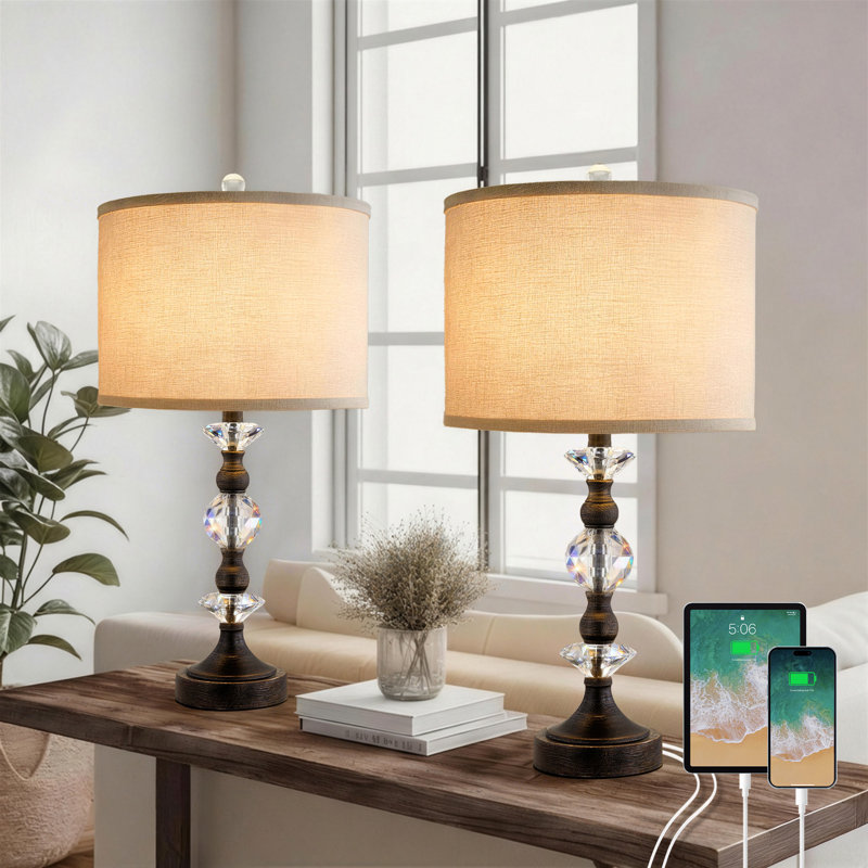 Morkus 25.5" Crystal Table Lamp with 3-Way Dimmable Light and USB Type-C Ports, Oil Rubbed Bronze