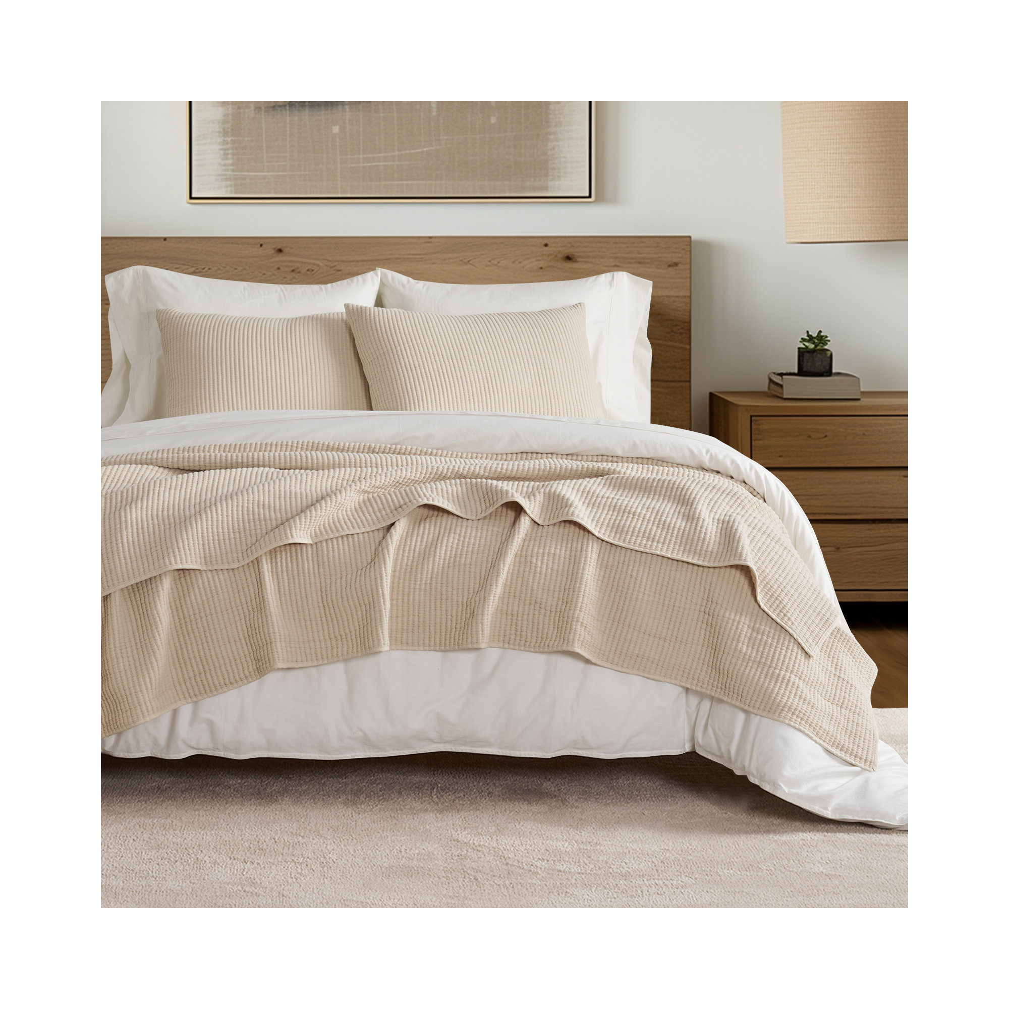 Ribbed Matelassé Cotton Coverlet Set, Queen Quilt + 2 Queen Shams, Bright White