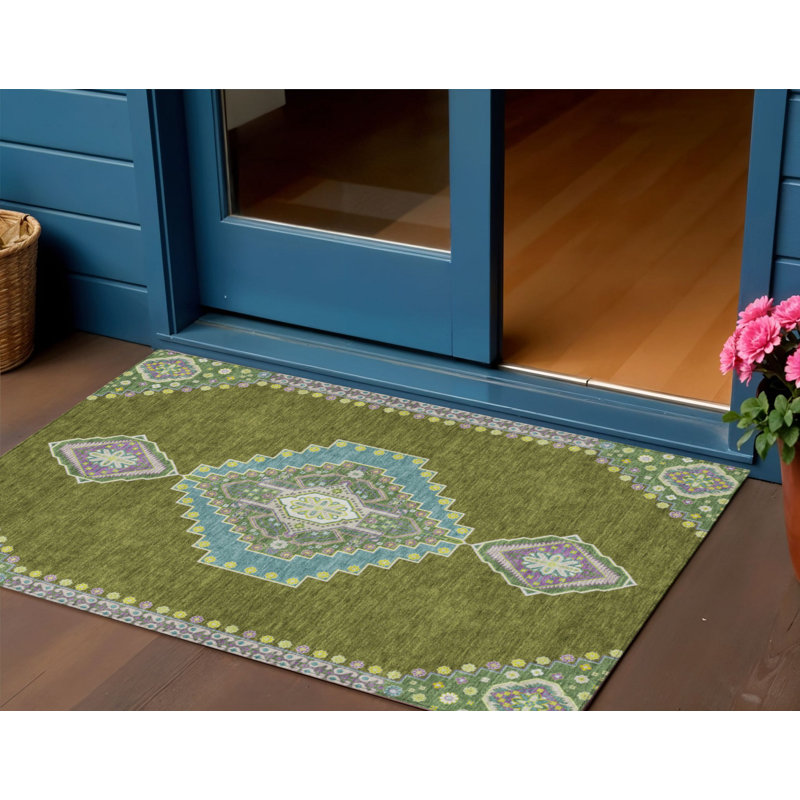 3' X 5' Olive Green Pink And Ivory Oriental Washable Indoor Outdoor Area Rug