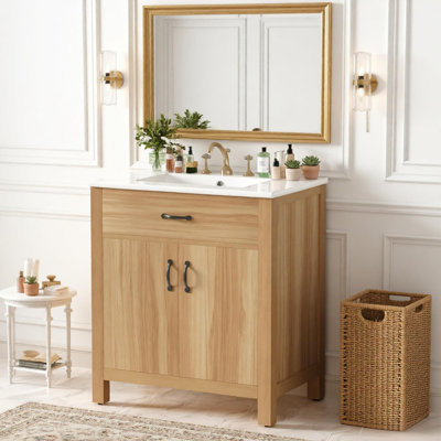 Meuble-lavabo de 30 po en bois avec cadre en bois massif, 2 portes à fermeture douce, 1 tiroir rabattable, tablette réglable, armoire de rangement moderne