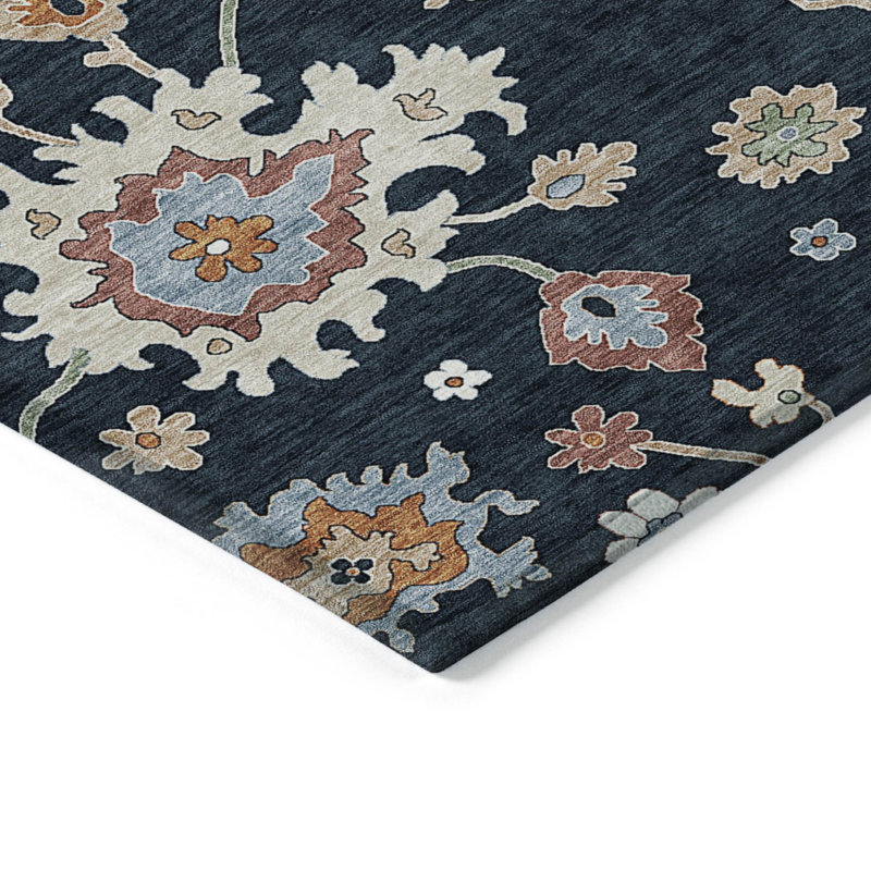 Tapis bleu lavable intérieur / extérieur 8 pi x 10 pi floral