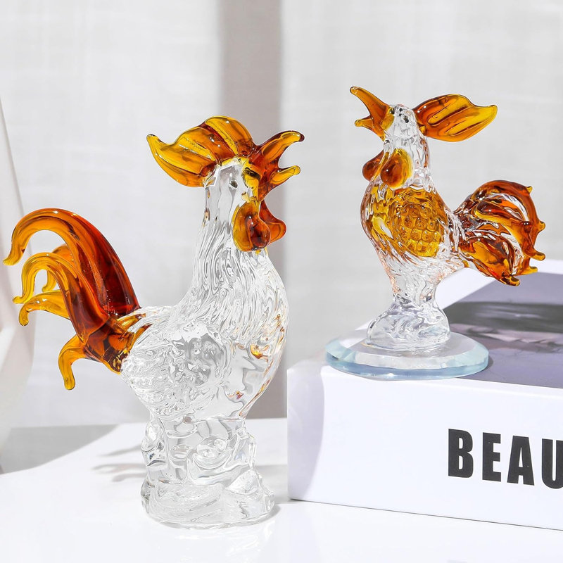 2pcs Brown Crystal Chicken & Rooster Figurines