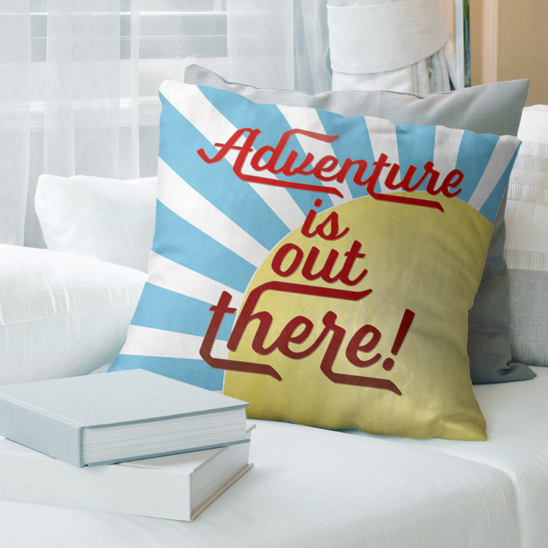 Coussin de citation fun adventure, 26 po x 26 po, Bleu / jaune, Mélange de duvet