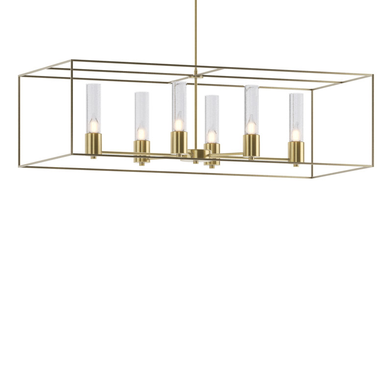 Portico 6 - Light Kitchen Island Linear Pendant, Seeded Clear, Modern Brass, Soft Gold