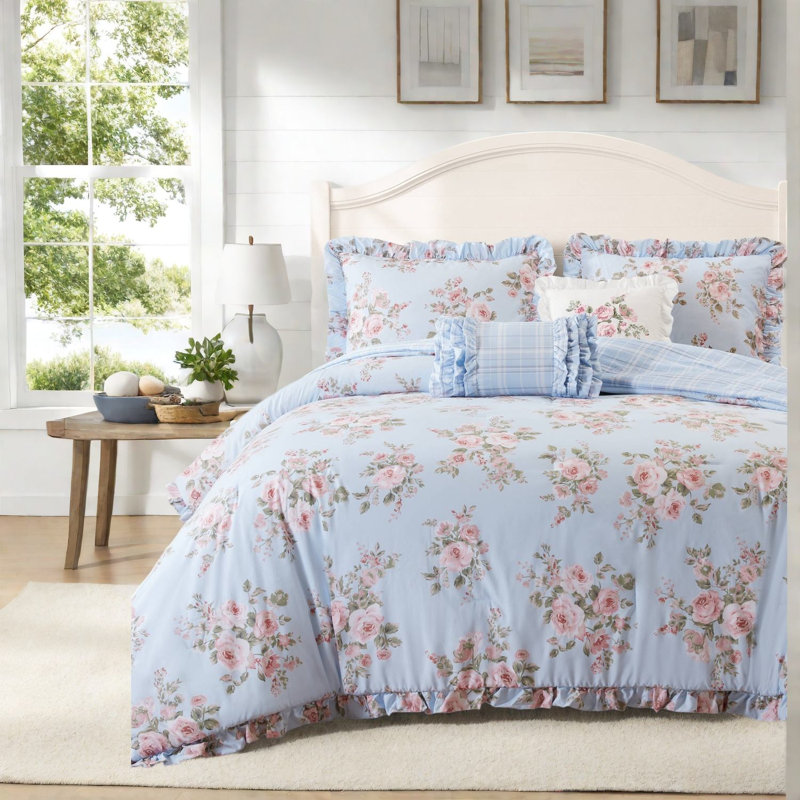 Blue Floral Bedding Sets, Full Queen Microfiber Comforter Set, Farmhouse Style