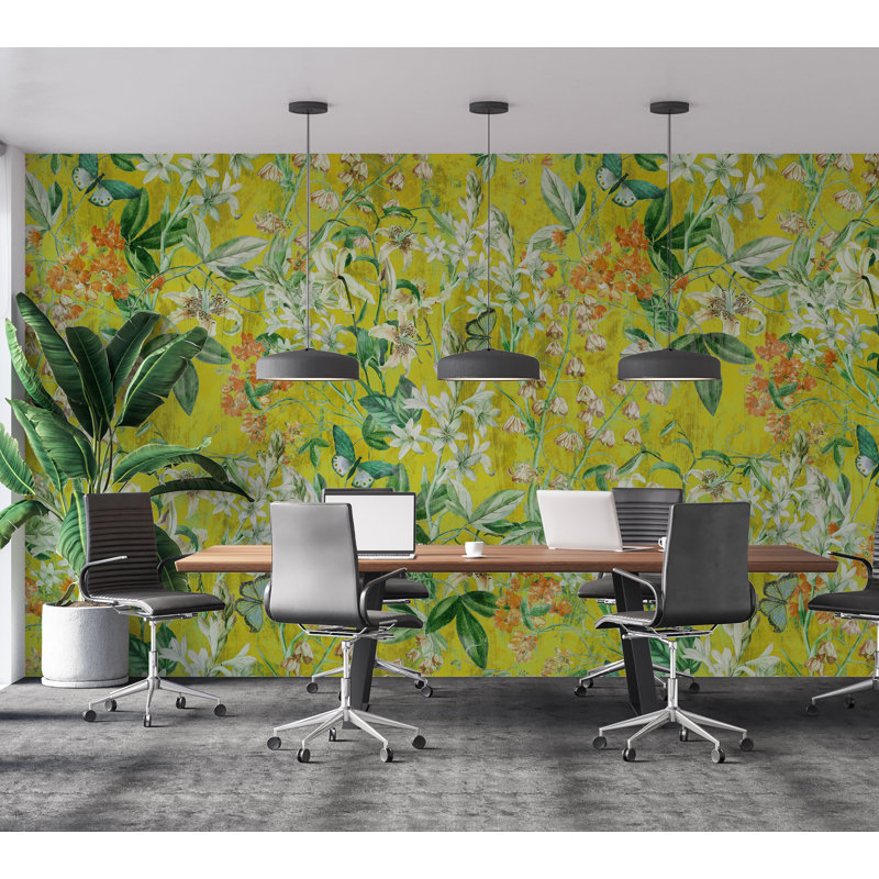 Murale botanique pelez et collez - citron jardin printanier, L 108 po x l 120 po